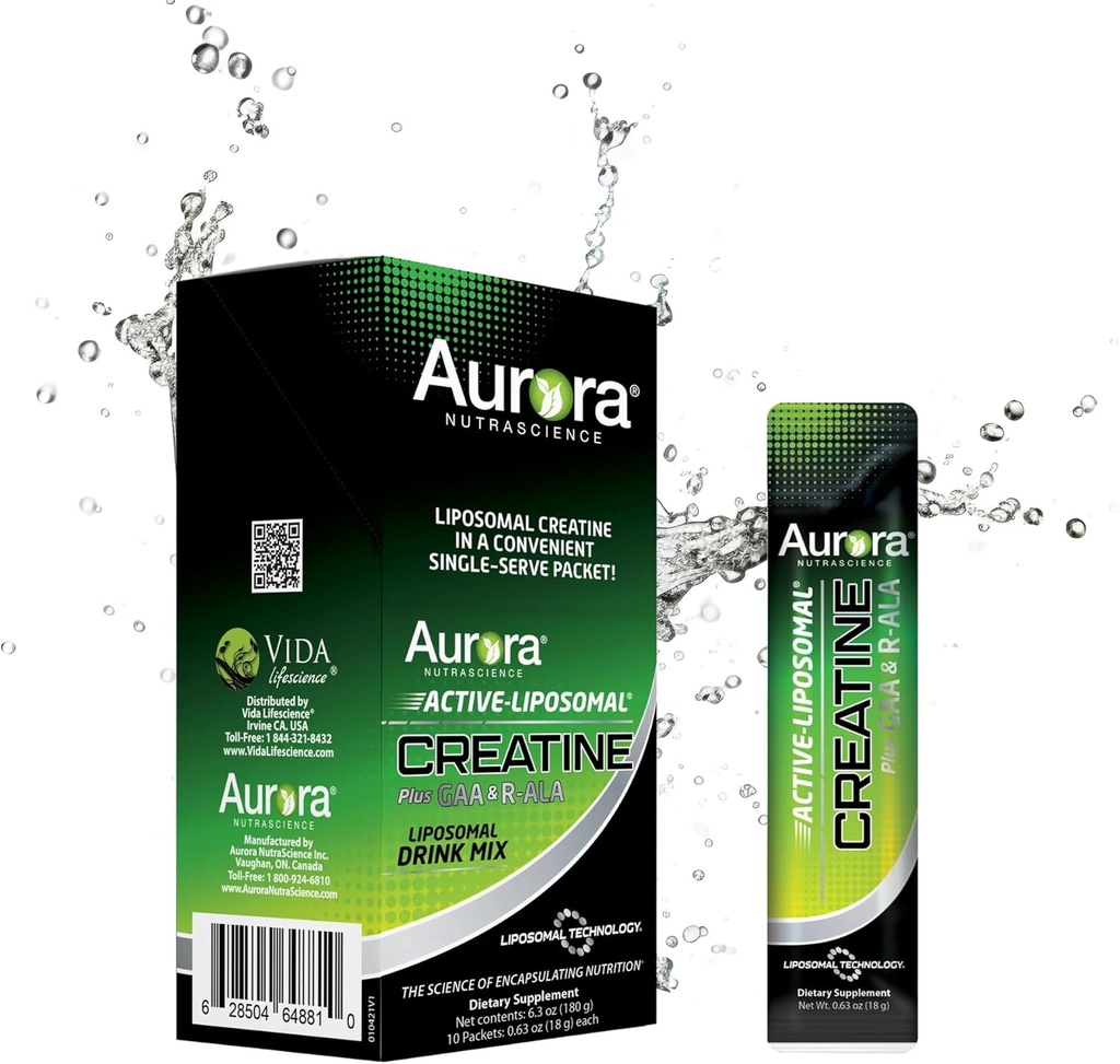 Aurora Nutrascience La créatine liposomique + GAA et R-ALA Lemon Lime Powder Drink Mix, énergie accrue, soutient la performance de l'exercice et la croissance musculaire pour les hommes et les wowen, 10 paquets