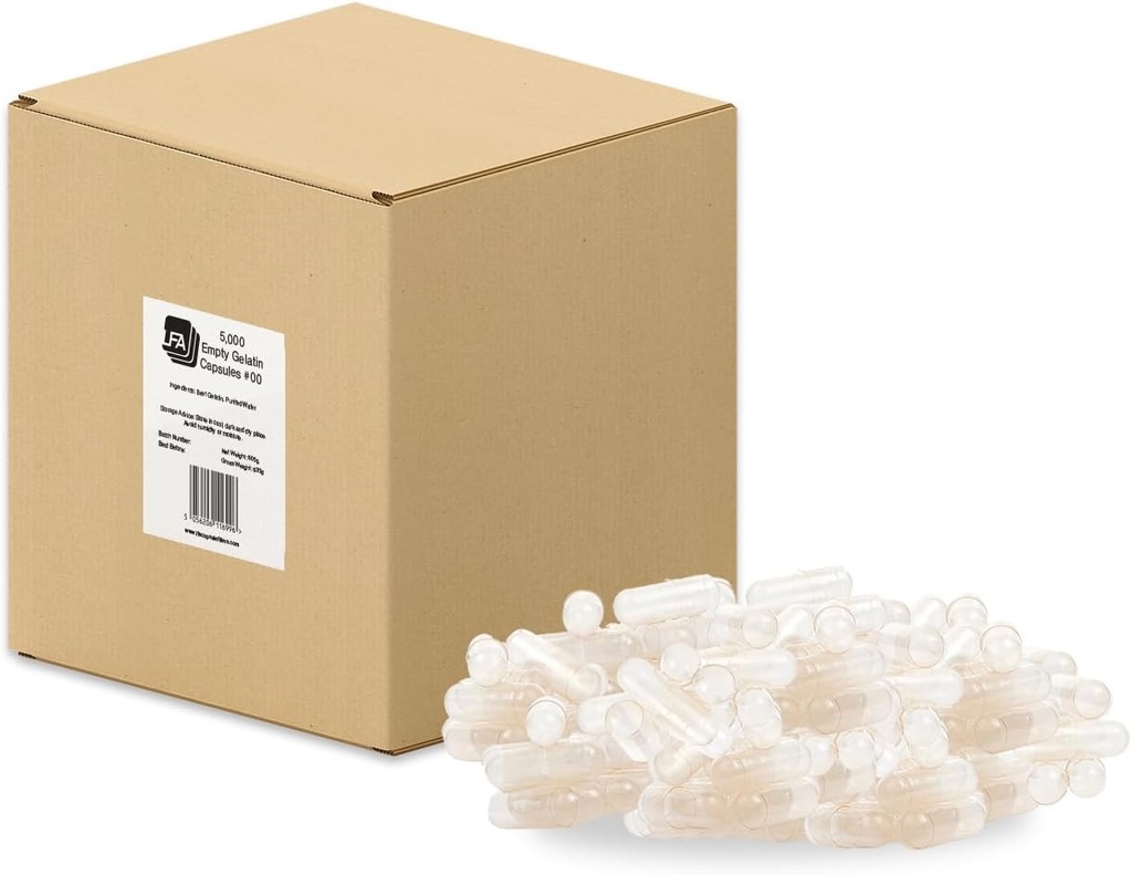 Taille 00 Capsules vides - La gélatine claire - 5000 Count Box - Convient à Capsule Machine Remplissage Plateau - Bouchons de Gel de Boeuf Joindre Easy Snap pour Bricolage Pilules de Supplément de Poudre - Certifié Halal