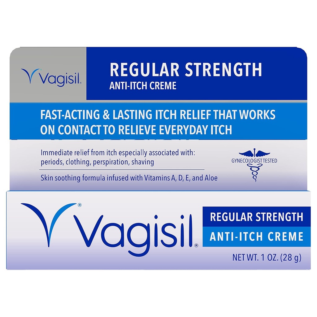 Crème féminine Vagisil de force régulière anti-Itch pour femmes, gynécologue testé, hypoallergénique, rapide d'action et de longue durée démangeaison, hydratant vaginal apaisant et refroidi, 1 oz (paquet de 1)