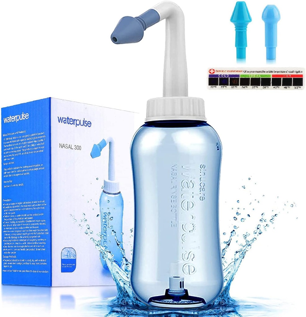 Bouteille de Rinse de Pot de Neti, Nez Nettoyant Pression Rincer Irrigation Nasale pour Adulte & Enfant BPA Sans Sticker Thermomètre (300ml)