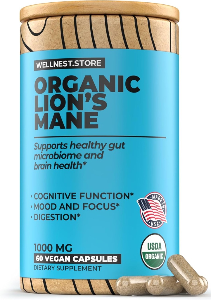 Lions Mane Mushroom Organic Supplement (Hericium Extract) 60 Veggie Caps - Supplément de soutien immunitaire; Améliorer la fonction cognitive + Promouvoir la vitalité, protéger les cellules nerveuses