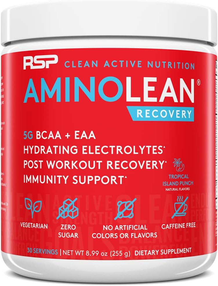 AminoLean Hydrating Electrolyte Powder and Recovery Drink with Sea Minerals, Nootropic Mushrooms, and Vegan Amino Acids, BCAAs + EAAs for Post Workout Muscle Building, Tropical Punch