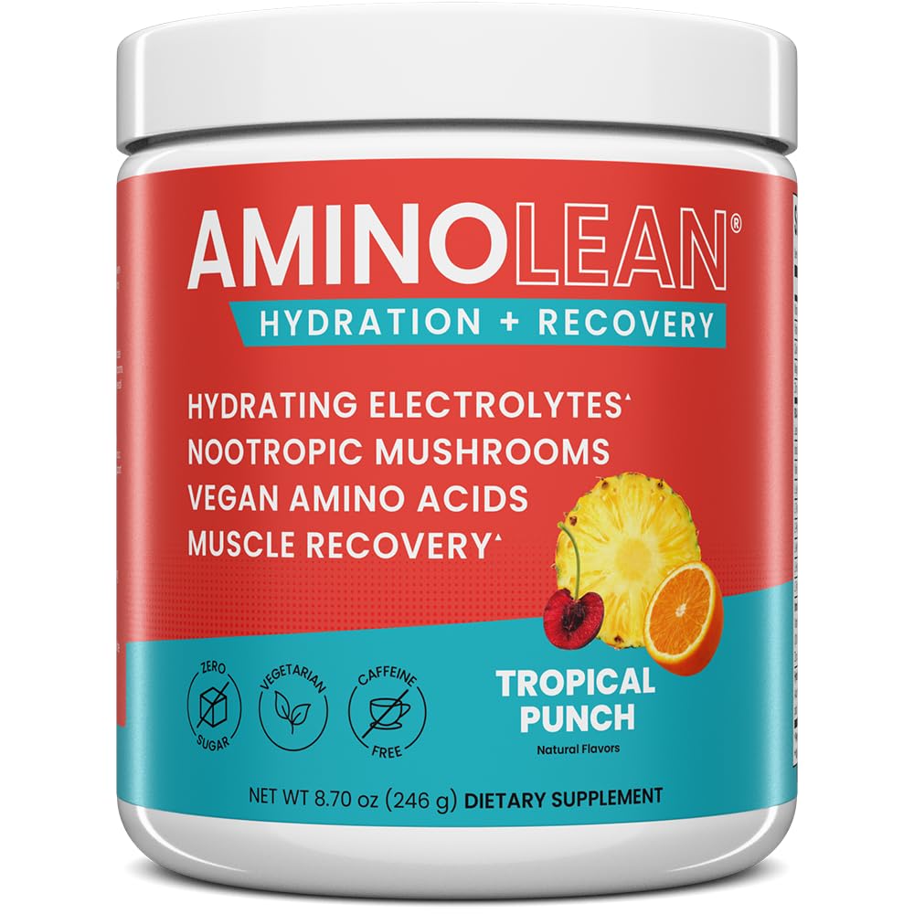 AminoLean hydratant la poudre d'électrolyte et la boisson de récupération avec les minéraux marins, les champignons nootropiques, et les acides aminés végétaliens, BCAAs + AEA pour la construction musculaire après entraînement, punch tropical