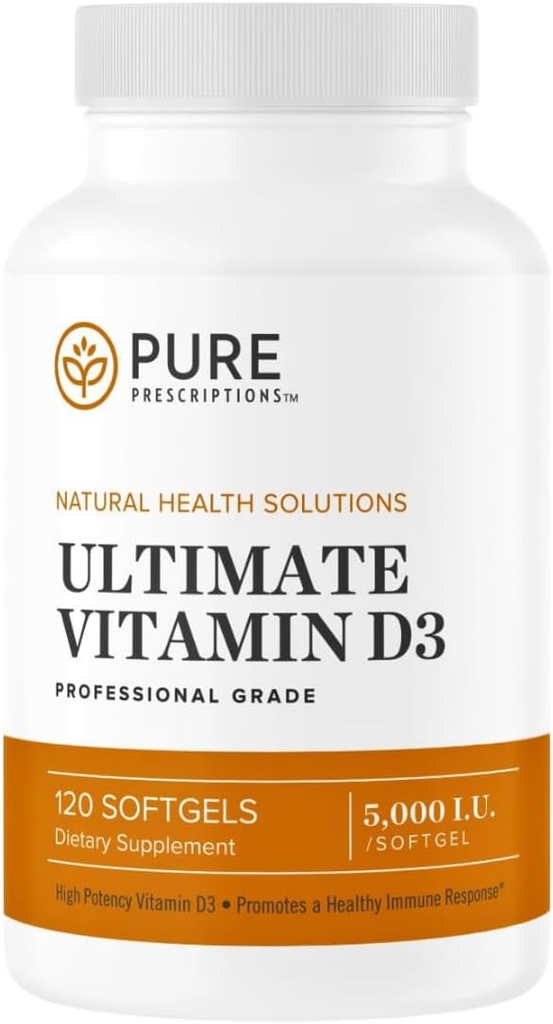 Pure Prescriptions Ultime Vitamine D3-5,000 UI - Supplément Vitamine D à haute absorption pour promouvoir des os sains avec système immunitaire et soutien cardiovasculaire - 120 Softgels - USA Made