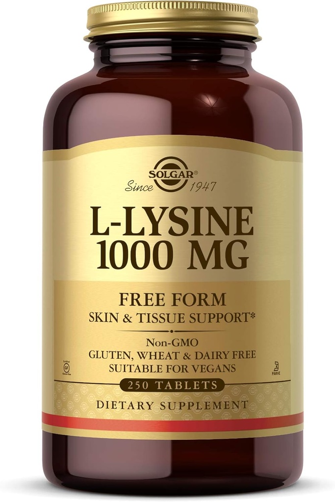 Solgar L-Lysine 1000 mg, 250 comprimés - Absorption et assimilation accrues - Promotion de l'intégrité de la peau et des lèvres - Soutien du collagène - Acides aminés - Non-OGM, végétalien, sans gluten - 250 portions