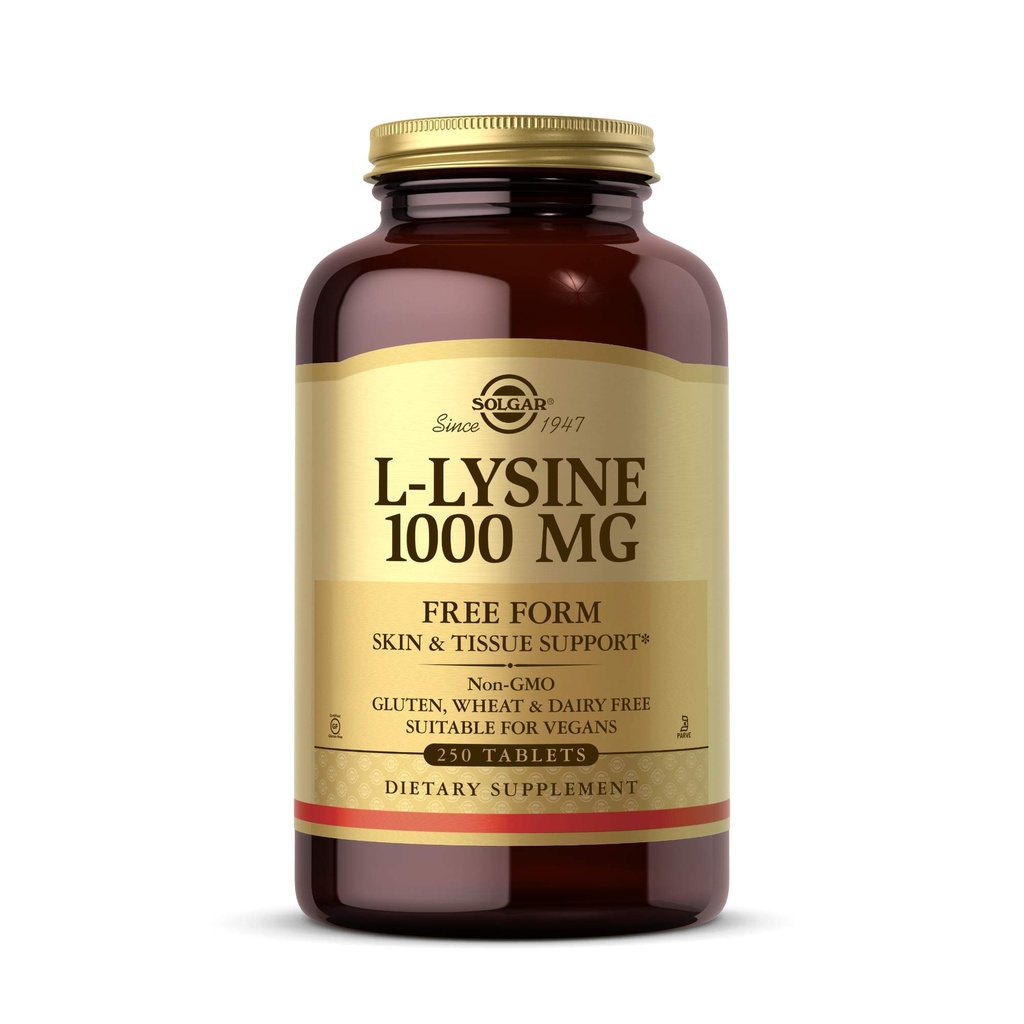 Solgar L-Lysine 1000 mg, 250 comprimés - Absorption et assimilation accrues - Promotion de l'intégrité de la peau et des lèvres - Soutien du collagène - Acides aminés - Non-OGM, végétalien, sans gluten - 250 portions