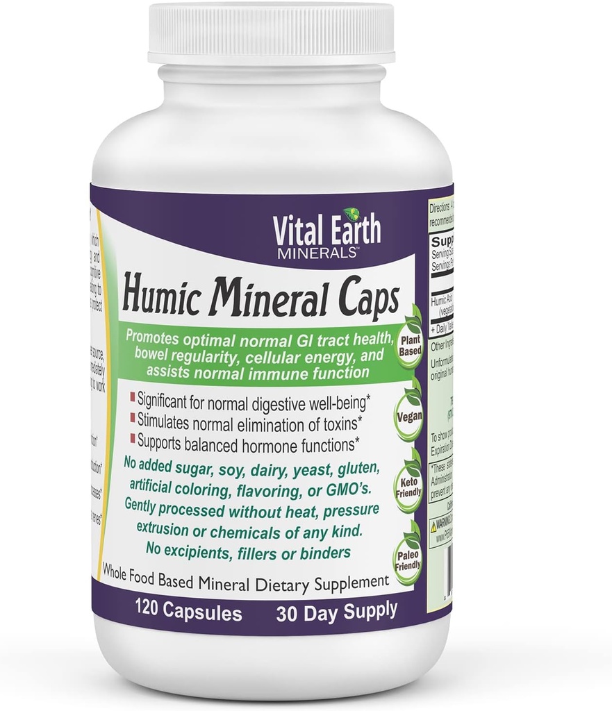 Minéraux de la Terre Vital Minéraux Humiques Capsules - 70+ Minéraux traces avec l'acide fulvic naturel, supplément minéral alcalinisant pour la désintoxication, la santé de Gut, le bien-être, 120 Compte