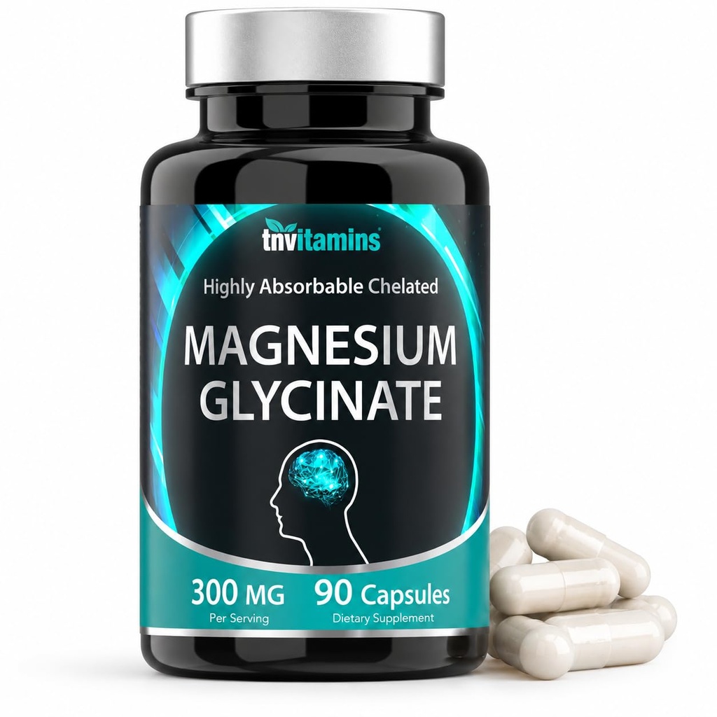 Tnvitamines Glycinate de magnésium Capsules (300 MG par portion - 90 Compte) )?Pure supplément en poudre de bisglycinate de magnésium chélaté pour le sommeil, le calme, le nerf et le stress*