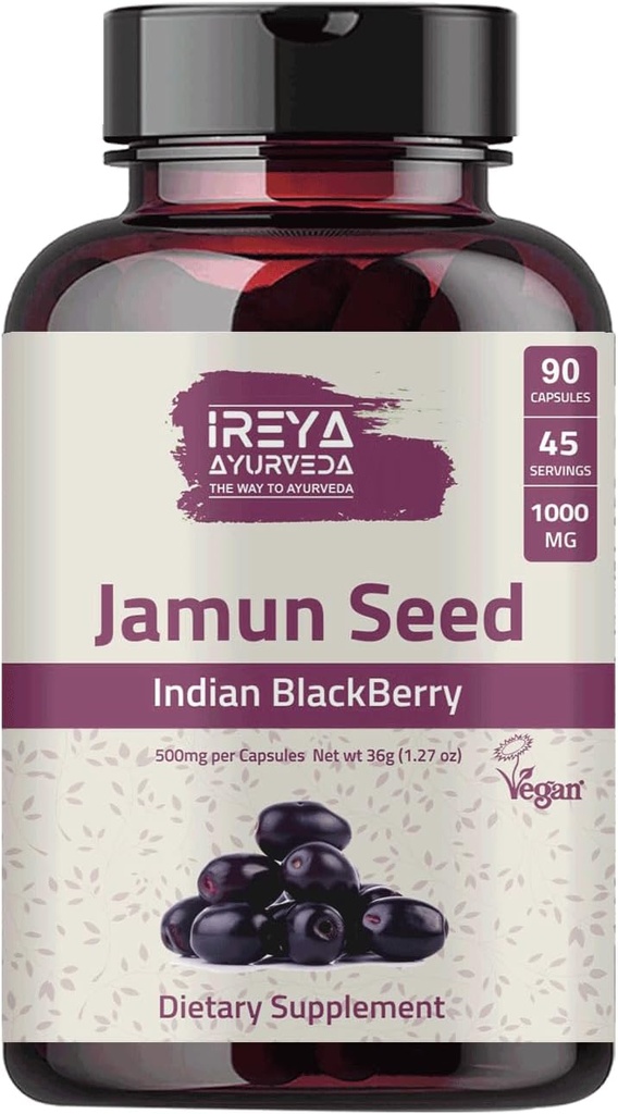 Jamun Seed 1000mg (90 Capsules) - Indian BlackBerry (Eugenia Jambolana) Ayurvedic Herb, 45-Day Supply