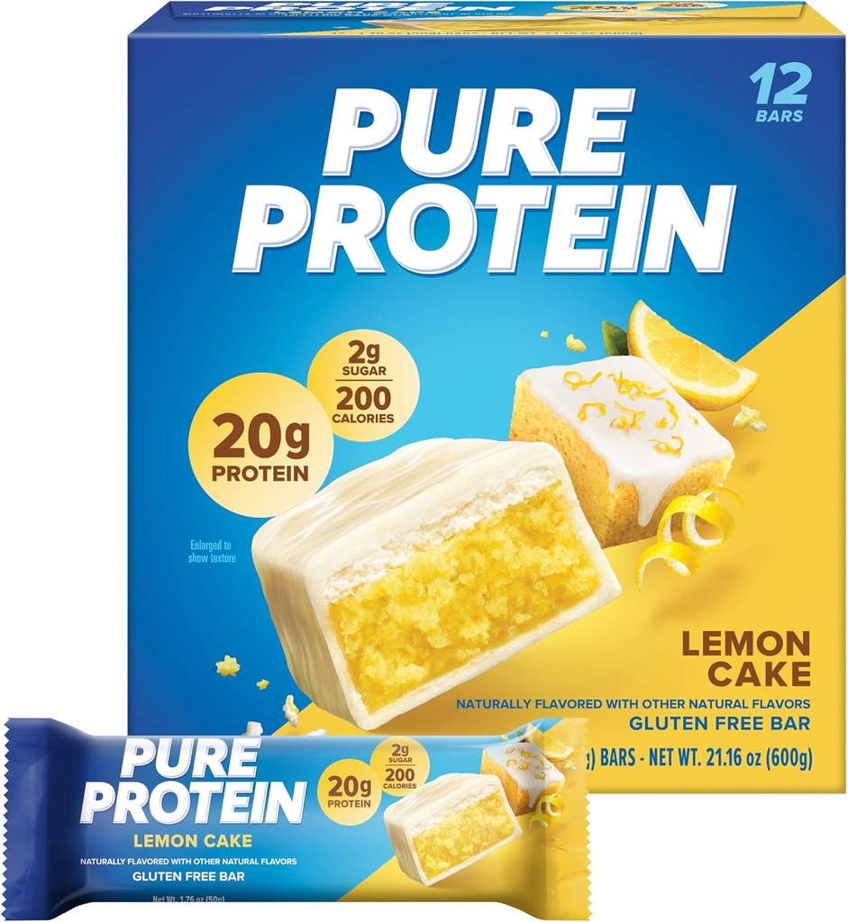 Barres de protéines pures, haute protéine, collations nutritives pour soutenir l'énergie, faible sucre, gâteau au citron, 1,76 oz, 12 comte (paquet de 1)