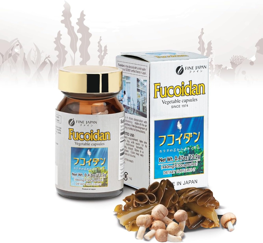 FINE JAPAN Fucoidan Capsules avec Mekabu Seaweed & Agaricus Mushroom - 30 Capsules - Supplément de support immunitaire - Fabriqué au Japon - GMP, certifié ISO9001