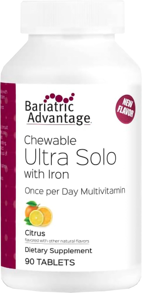 Bariatric Advantage Chewable Ultra Solo with Iron - Once-Per-Day Daily Multivitamin - for Patients - with Thiamin, Vitamin A & More - Gluten Free - Citrus - 90 Tablets