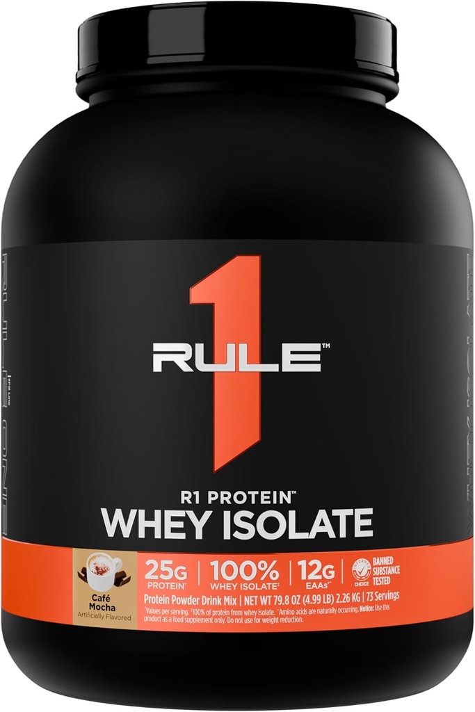 Rule 1 R1 Protein Whey Isolate - with 25g Protein & 6g BCAA Exclusively from Isolated & Hydrolyzed Sources for Workout Recovery (5 Pounds*, Café Mocha)