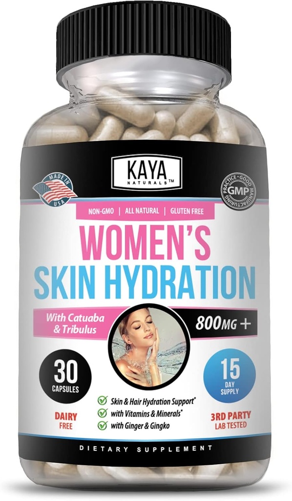 Kaya Naturals Skin Hydration Vitamins - Female Pills - Skin Enhancer Capsules -Hydration Booster for Women - Promotes Increased Energy, Mood & Stamina - Reduction in Dryness - 30 Veggie Capsules