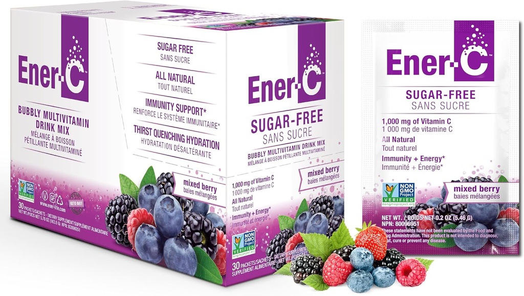 Ener-C Sugar Free Energy Mixed Berry Multivitamin Drink Mix Vitamin C 1000mg & Electrolytes - Natural Immunity Support with Real Fruit Juice Powders Non-GMO Vegan & Gluten Free - 30 Count