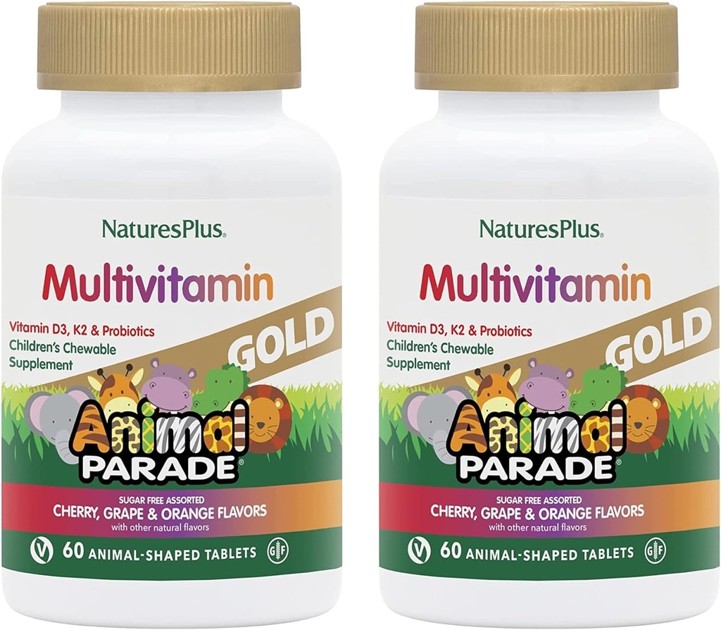 NaturesPlus Parade animale Or Multivitamine pour enfants - Cerise, orange et arômes de raisin assortis - 60 comprimés à croquer, lot de 2 - Végétarien, sans gluten - 60 portions totales
