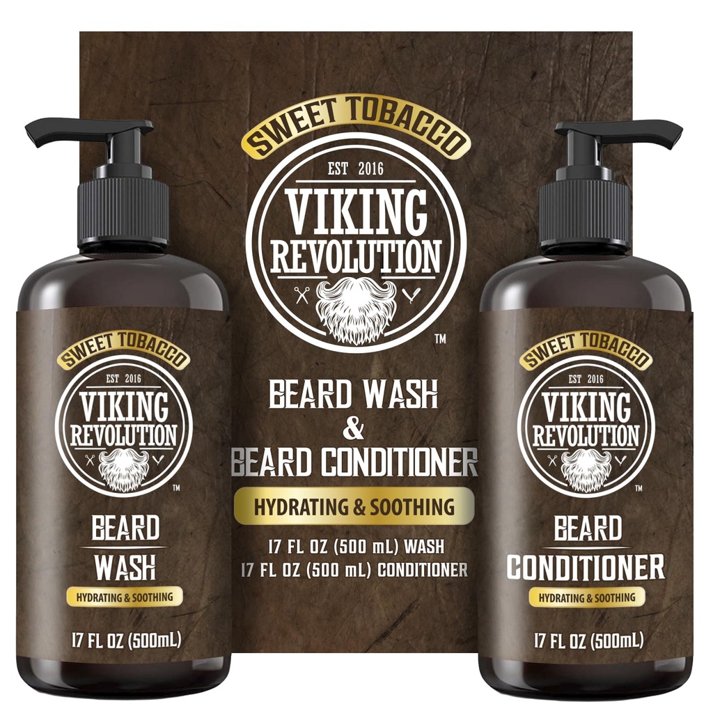 Revolution Viking Laver la barbe et conditionner pour les hommes avec huile d'argan et huile de jojoba - assouplissant et fortifiant soin de la barbe Shampooing et conditionneur avec huile de barbe (17oz, sucre de tabac)