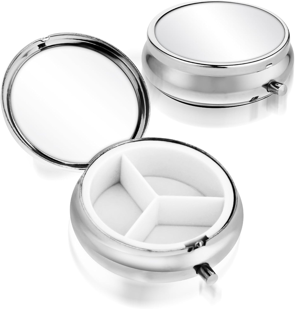 Sibba 3 Compartment Portable Medicine Pill Case, Travel Multi-Functional Moisture Proof Pill Box for Purse & Pocket, Cute Metal Medicine Pill Organizer Box for Vitamins, Fish Oil & Supplements