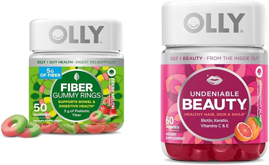 Anneaux en fibre OLLY Fibre Gummy, 5g Fibre prébiotique, FOS (Fructo-oligosaccharides), Soutien digestif et Gummy beauté indédiable, pour cheveux, peau, ongles, biotine, vitamine C, kératine, supplément à croquer