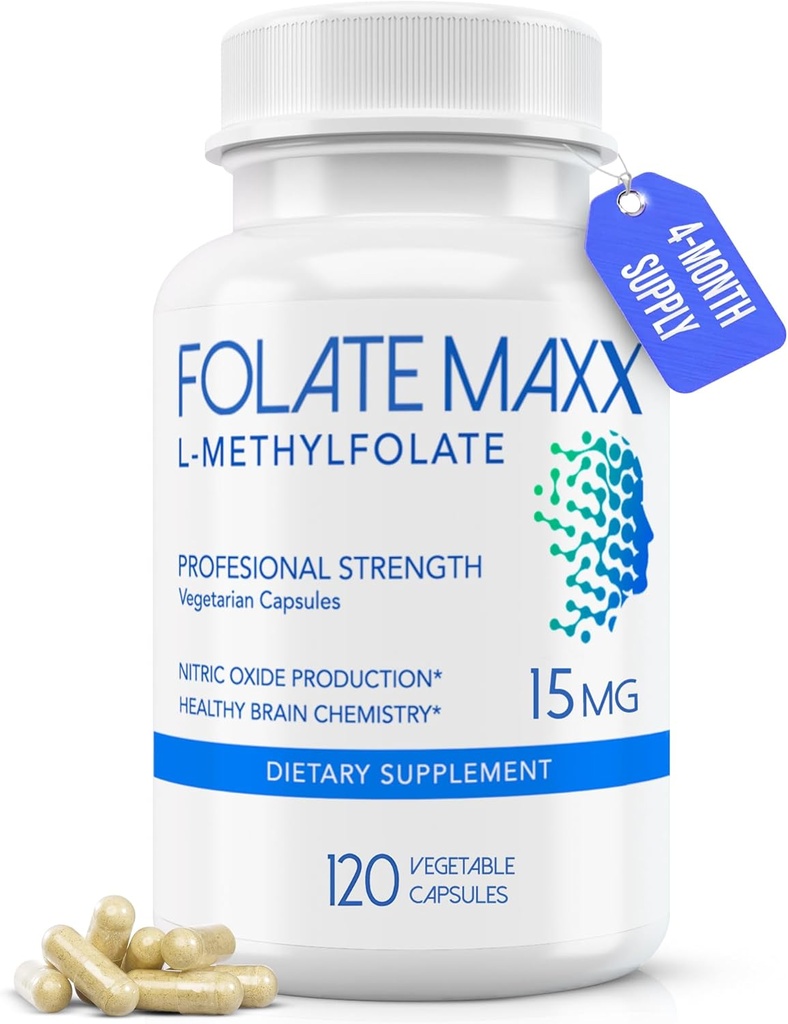 FolateMaxx L-méthylfolate 15mg, 120 Capsules – Supplément de folate de méthyle formulé par le médecin pour les femmes et les hommes – High Potency 5-MTHF for Energy, Mood & Focus – Non-OGM, sans gluten (4-Meth Supply)