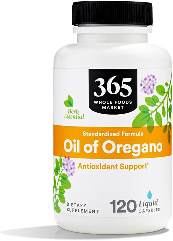 365 par Marché des aliments entiers, Huile d'Origan Formule standardisée, Support antioxydant, Capsules liquides végétaliens, 120 Nombre
