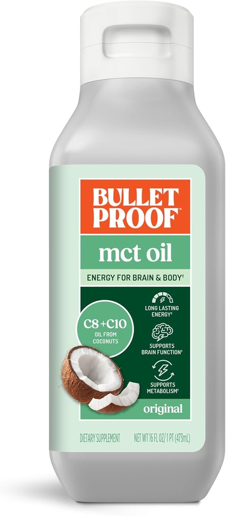 Huile MCT Bulletproof fabriquée avec de l'huile C10 et C8, 16 onces, supplément kéto pour l'énergie soutenue, le cerveau et le corps carburant, ajouter au café et aux smoothies, emballage mai Vary