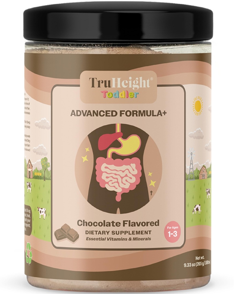 TruHeight Toddler Advanced Formula+ (Chocolate) 16 Vitamines incluant C, D, Protéines et Fer pour 1, 2, 3 ans, Lait à base de boisson nutritionnelle, Allaitement complet 12-36 mois - Non OGM