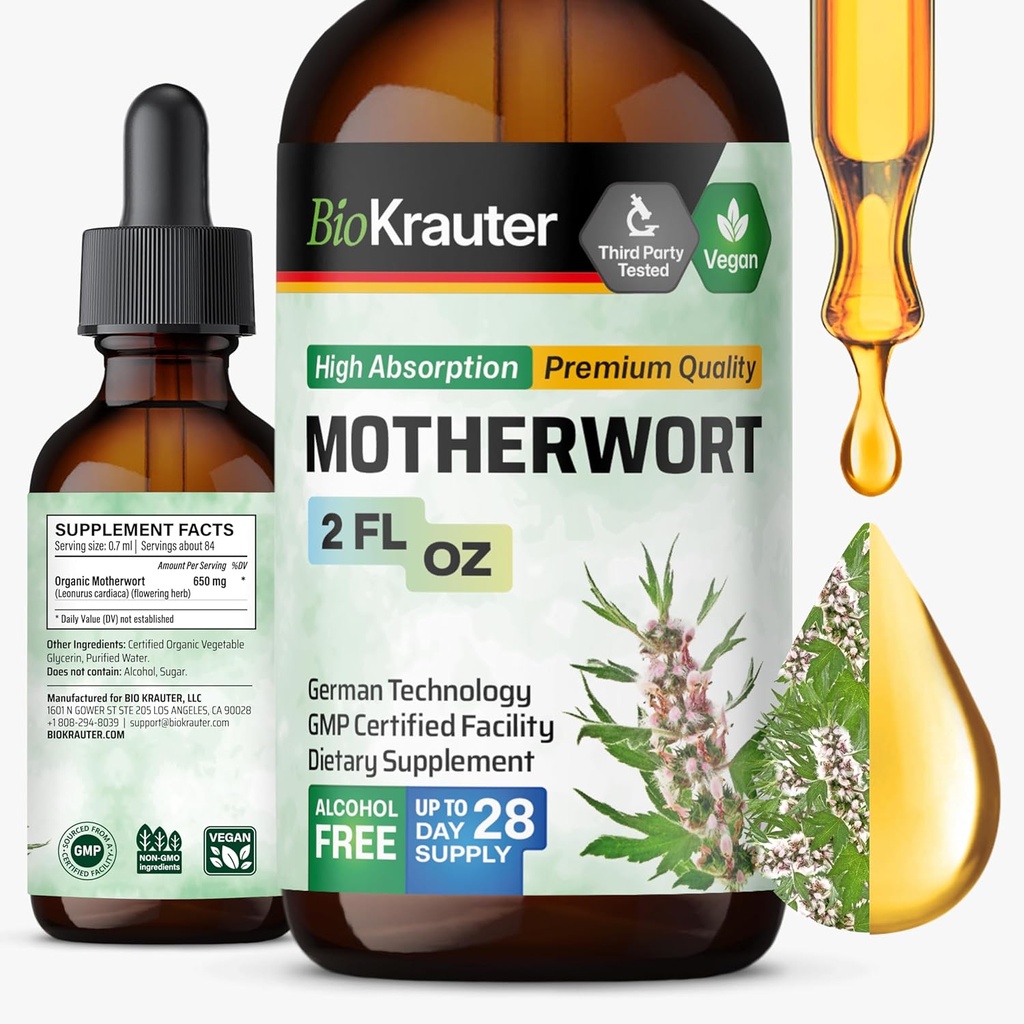 BIO KRAUTER Motherwort Tincture - Motherwort Herbal Extract - Liquid Supplement for Women’s Health - Promote Calm - Alcohol & Sugar Free - Vegan Drops 2 Fl.Oz.
