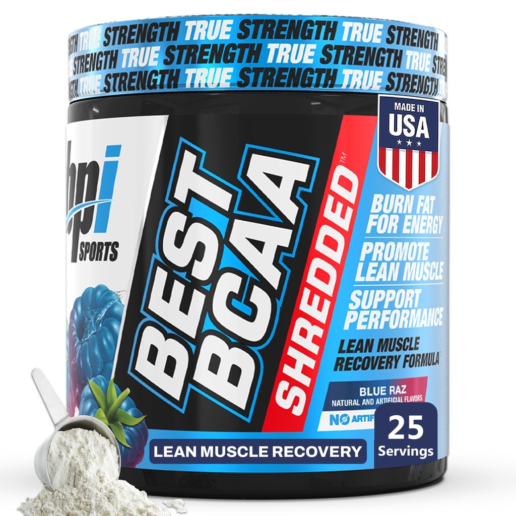 BPI Sports Best BCAA Shredded - Sans caféine boisson thermogénique de récupération, Lean Muscle Building BCAA poudre pour les femmes et les hommes, pré-entraînement BCAAs Amino Acides Drink- Raz Bleu - 25 portions