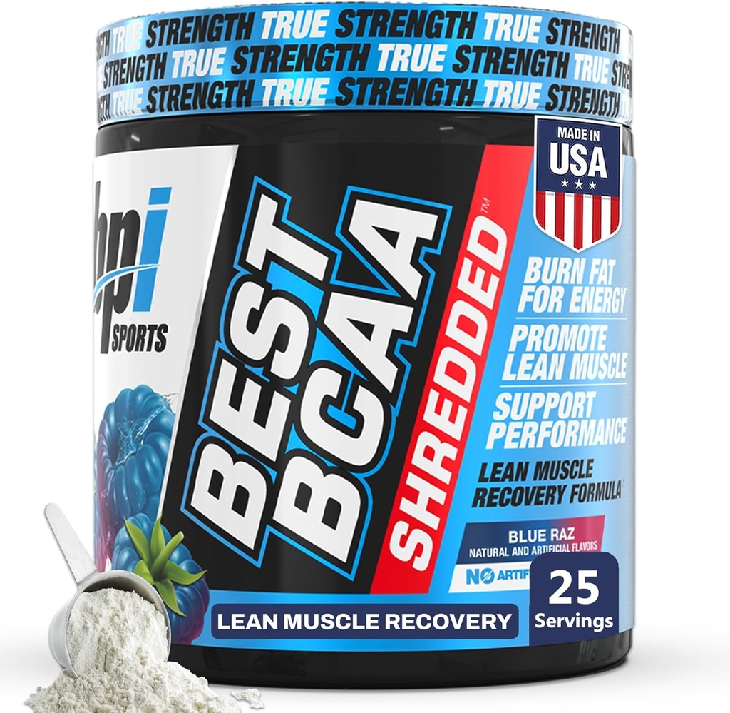 BPI Sports Best BCAA Shredded - Sans caféine boisson thermogénique de récupération, Lean Muscle Building BCAA poudre pour les femmes et les hommes, pré-entraînement BCAAs Amino Acides Drink- Raz Bleu - 25 portions