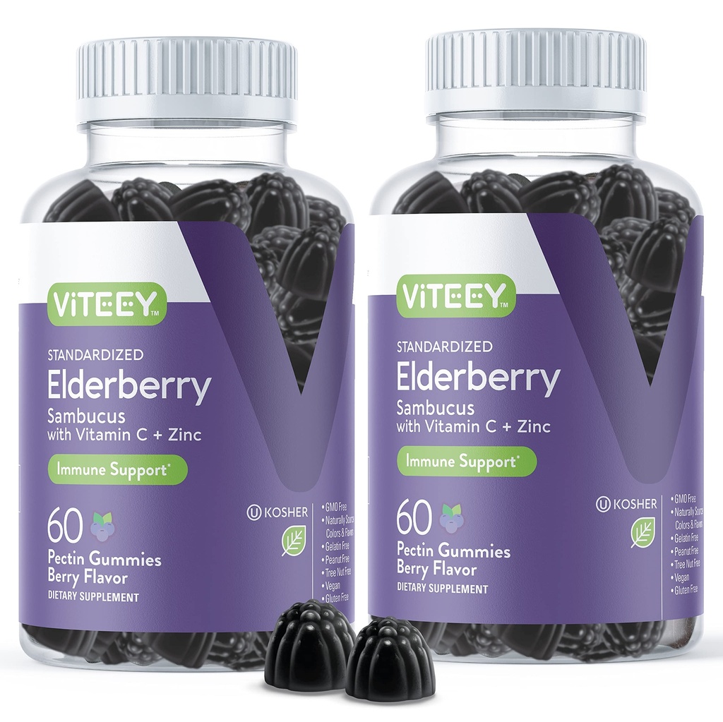 Viteey Sambucus Gummies de mûre aînée pour adultes – Gummies d'immunité en vitamine C et en zinc – Vegan, sans gluten – 120 Nombre