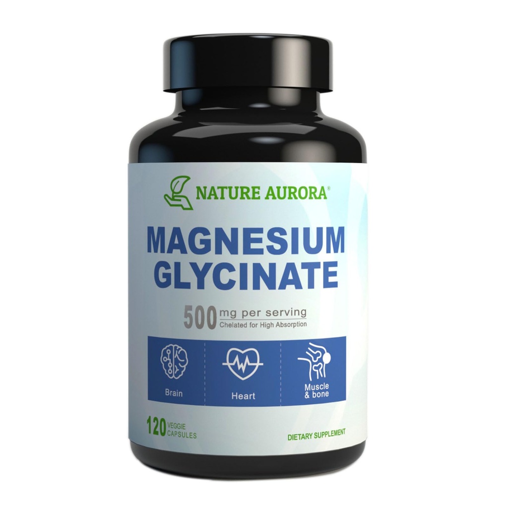 Magnésium Glycinat 500mg Capsules - Supplément de Bisglycinate de Magnésium à haute absorption chélaté pour le sommeil, les muscles et le soutien cardiaque pour les femmes et les hommes - Pure, sans gluten, non-OGM, 120ct
