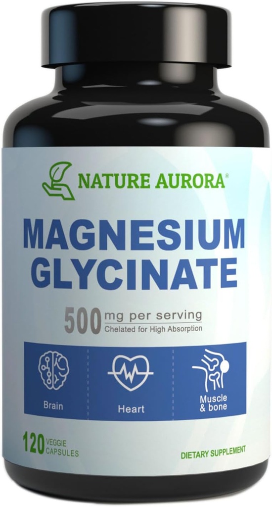 Magnésium Glycinat 500mg Capsules - Supplément de Bisglycinate de Magnésium à haute absorption chélaté pour le sommeil, les muscles et le soutien cardiaque pour les femmes et les hommes - Pure, sans gluten, non-OGM, 120ct