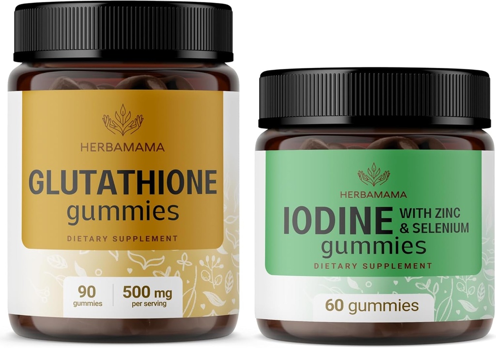 HERBAMAMA Trousse de glutathion et d'iode - Ensemble de 500 mg de L-Glutathion réduit et de Gummée d'iode de potassium - Vegan, non-OGM, sans gélatine - 2 emballages