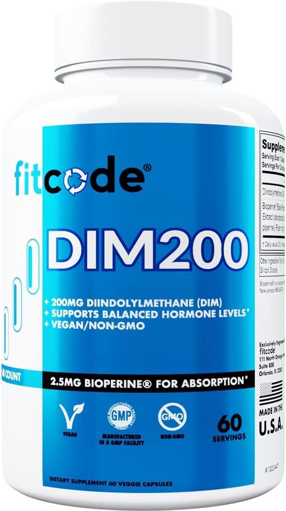Fitcode Supplément DIM Diindolylméthane pour les hommes - Dim avancé 200mg avec Dim plus Bioperine pour l'absorption améliorée - Supplément d'équilibre hormonal végétalien non-OGM pour l'humeur et la performance énergétiques améliorées