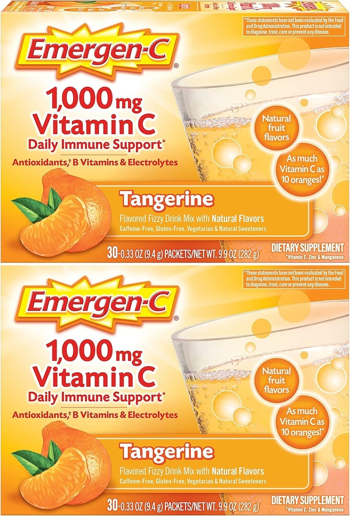 Emergen-C 1000mg Vitamin C Powder, with Antioxidants, B Vitamins and Electrolytes, Vitamin C Supplements for Immune Support, Caffeine Free Drink Mix, Tangerine Flavor - 60 Count/2 Month Supply