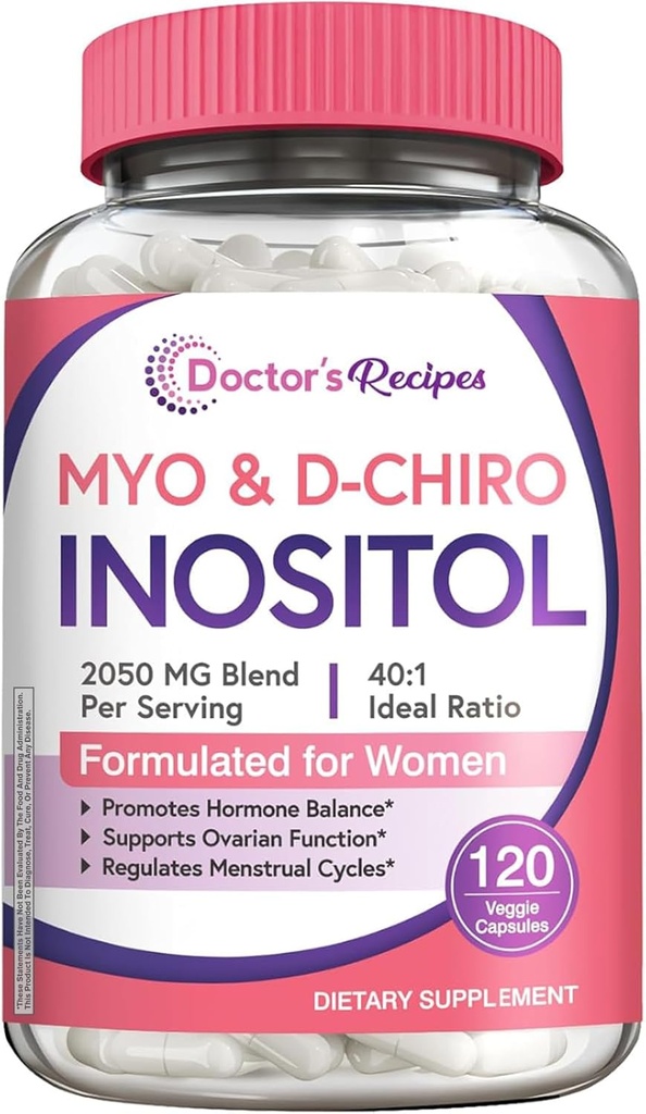 Recettes de docteur Inositol Supplément, Myo-Inositol et D-Chiro Inositol Capsules 2050mg par portion, Idéal 40:1 Mélange, Hormone Balance pour les femmes, Ovarian Function & Fertility Support, 120 Caps végétaliens