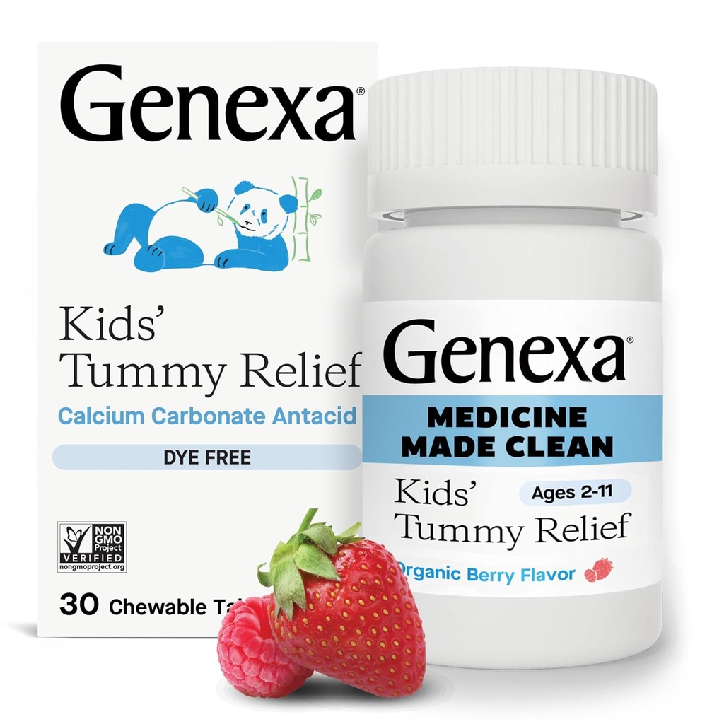 Les enfants Genexa Clean Dye Free Tummy Relief (en anglais seulement) Heartburn, Acide Indigestion, Estomac aigre Antiacide à mâcher (en anglais seulement) 0% Additifs artificiels, Enfants, Carbonate de calcium, Fleur de baie biologique, 30ct