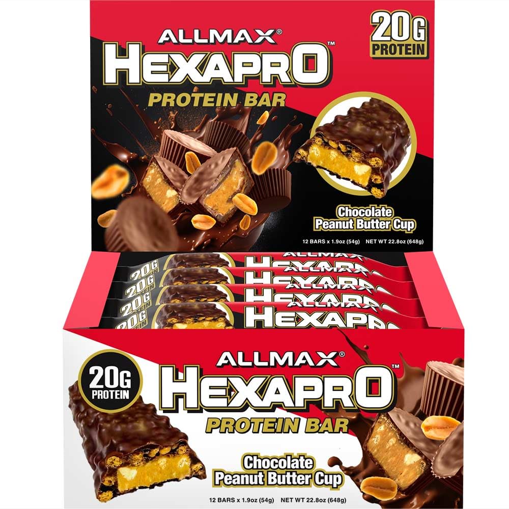 ALLMAX HEXAPRO PROTEIN BAR, Chocolat Coupe de beurre d'arachide - Paquet de 12 - Snack haute énergie de protéine - 20 g de protéines par bar - avec Isolate de protéines de lactosérum