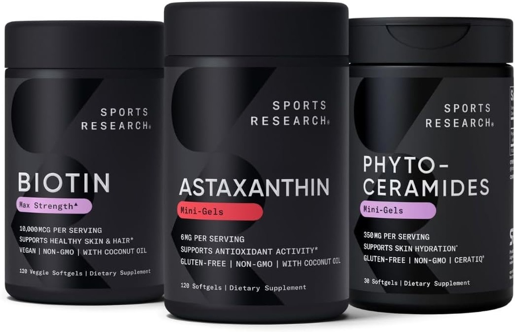 Recherche sportive Biotine végétalienne 10 000mcg avec huile de coco, Astaxanthine triple résistance 12mg avec huile de coco biologique et phytocéramides 350mg par Softgel