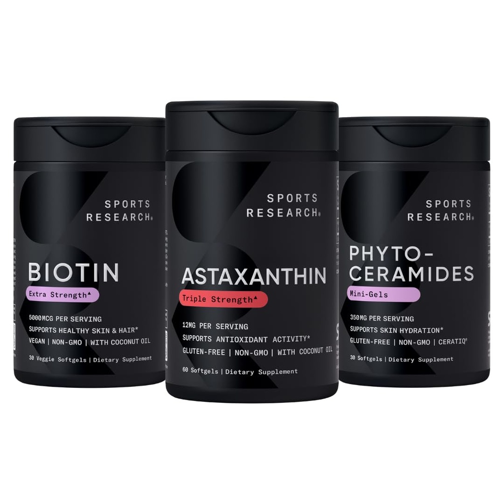 Sports Research® Healthy Skin and Hair Support - Vegan Biotin 10 000mcg avec huile de coco, astaxanthine Triple Strength 12mg et phytocéramides 350mg par softgel · Non-OGM · Vegan · Sans gluten