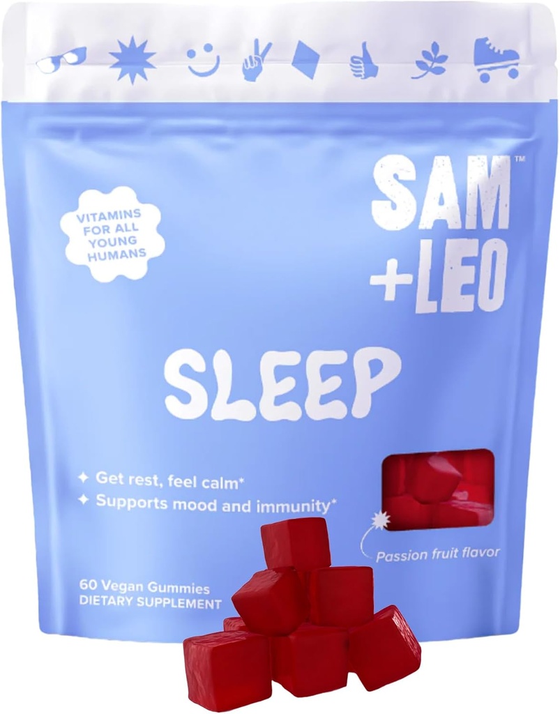 SAM+LEO Sleep - Passionflower, Vitamin B6 & Melatonin Gummies for Kids & Teens - All Natural & Vegan Relaxation & Sleep Gummies for Kids - Passion Fruit Flavor - 60/ct