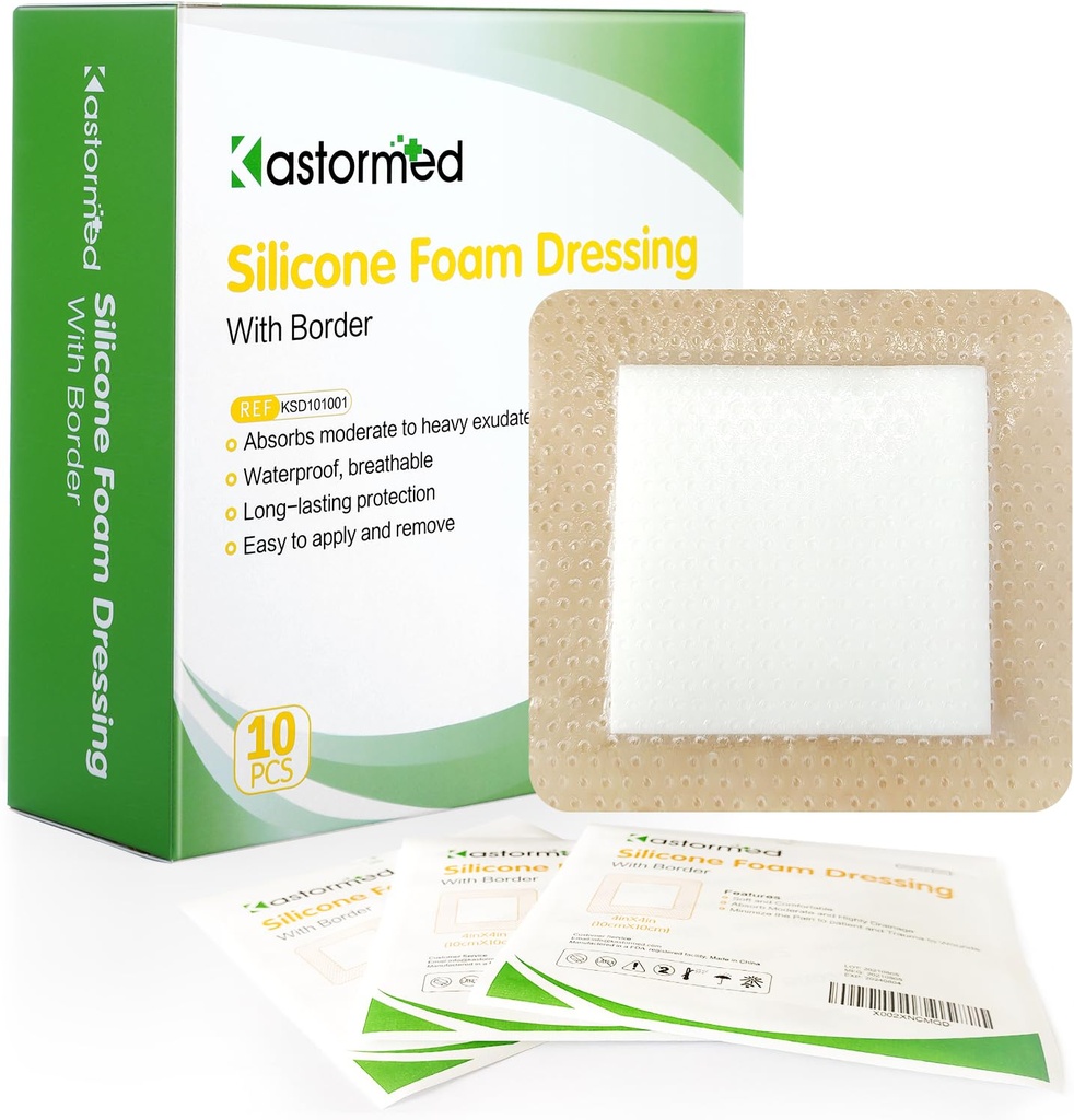 bandage de mousse adhésive en silicone kastorted avec bordure douce 4''x4'' 10 Pack, bandage de mousse à forte absorption pour les plaies de lit, ulcère de jambe, ulcère diabétique