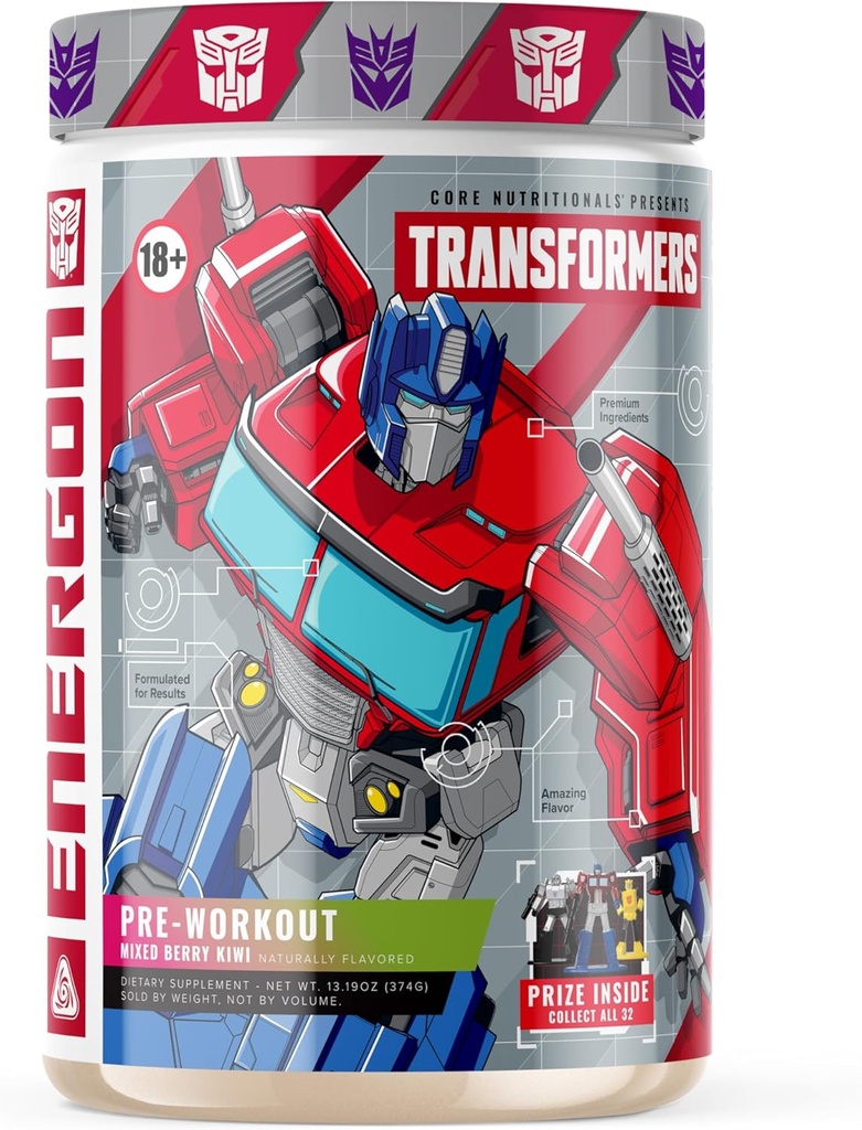 Core Nutritionals Transformateurs Energon Pré-entraînement (300mg Paraxanthine) Pas de Crash Energy & Focus (Prix gratuit à l'intérieur - Optimus Prime) 20 portions (Mixed Berry Kiwi)