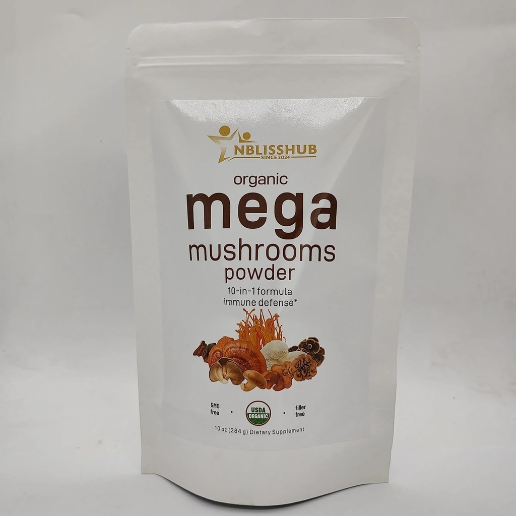 Bio Mega Poudre de Champignon 10 en 1 Complexe – Système Immuni Booster de Chaga, Lion, Reishi, Cordyceps et plus – 10 oz (284-Day Supply)