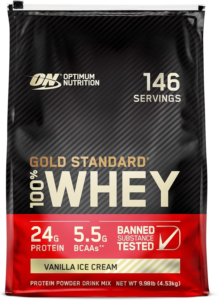 Optimum Nutrition Or Standard 100% poudre de protéines de lactosérum, crème glacée de vanille, 10 livres (emballage mai Vary)