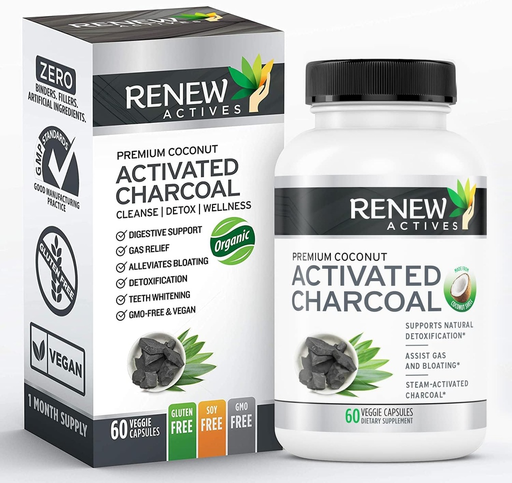 Renouveler les actifs activés Supplément de charbon 1100MG par 2 capsules - Soutien digestif et formule de blanchiment des dents, sans ingrédients artificiels - Fabriqué au Canada - 60 capsules