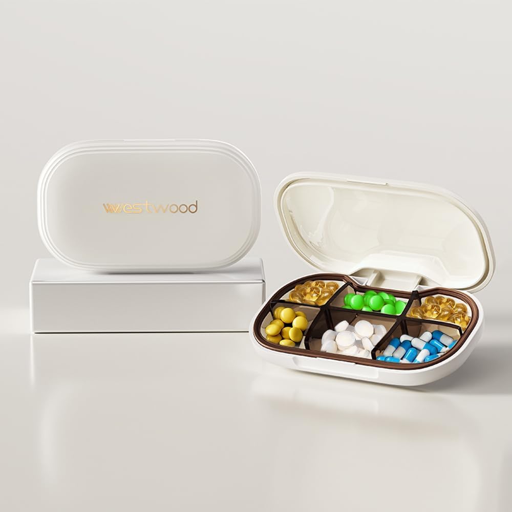 Small Pill case with 6 Compartments, Delicate Daily Pill Box for Purse, Pill Organizer Pill Container Pill Holder for Vitamins, Fish Oil, Supplements and Medications (White)