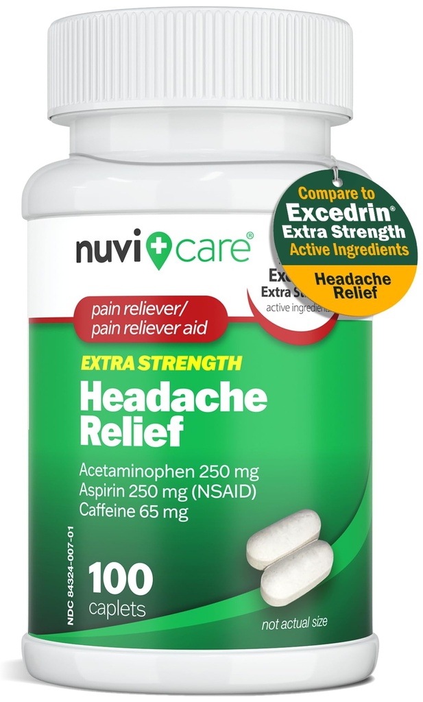 Soulagement des maux de tête avec l'acétaminophène 250 mg, Aspirine (AINS) 250 mg, Caféine 65 mg - Soulagement temporaire des douleurs et des douleurs mineures - Comparer avec Excédent de douleur extra-fort (100 Caplets)