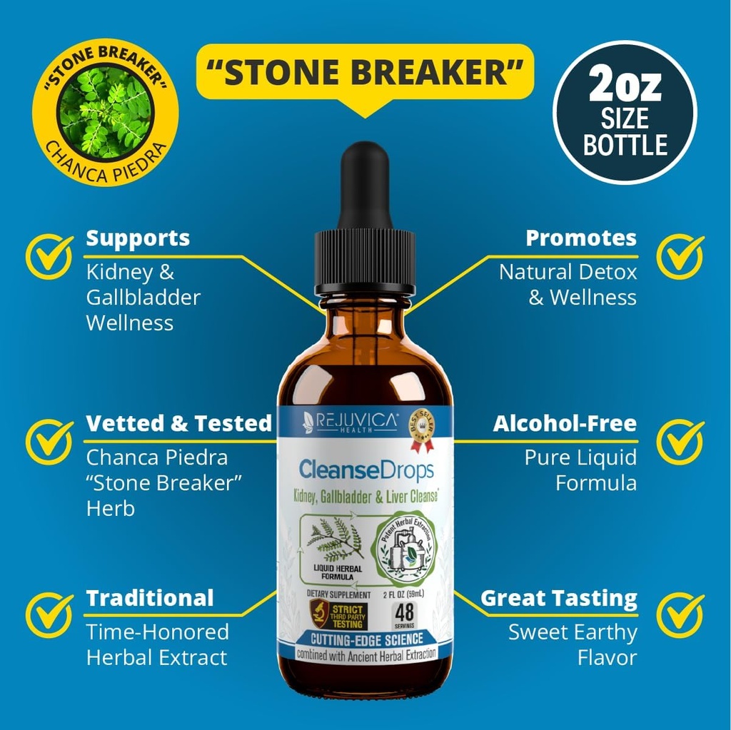 Rejuvica Health Cleanse Drops - Advanced Kidney & Gallbladder Cleanse Support Supplement - Liquid Delivery for Better Absorption - Chanca Piedra Used in Amazonian Rainforest